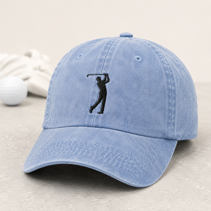Golf Swing Washed Cap, Embroidered Golfer Silhouette Hat - Washed Cap - detail view