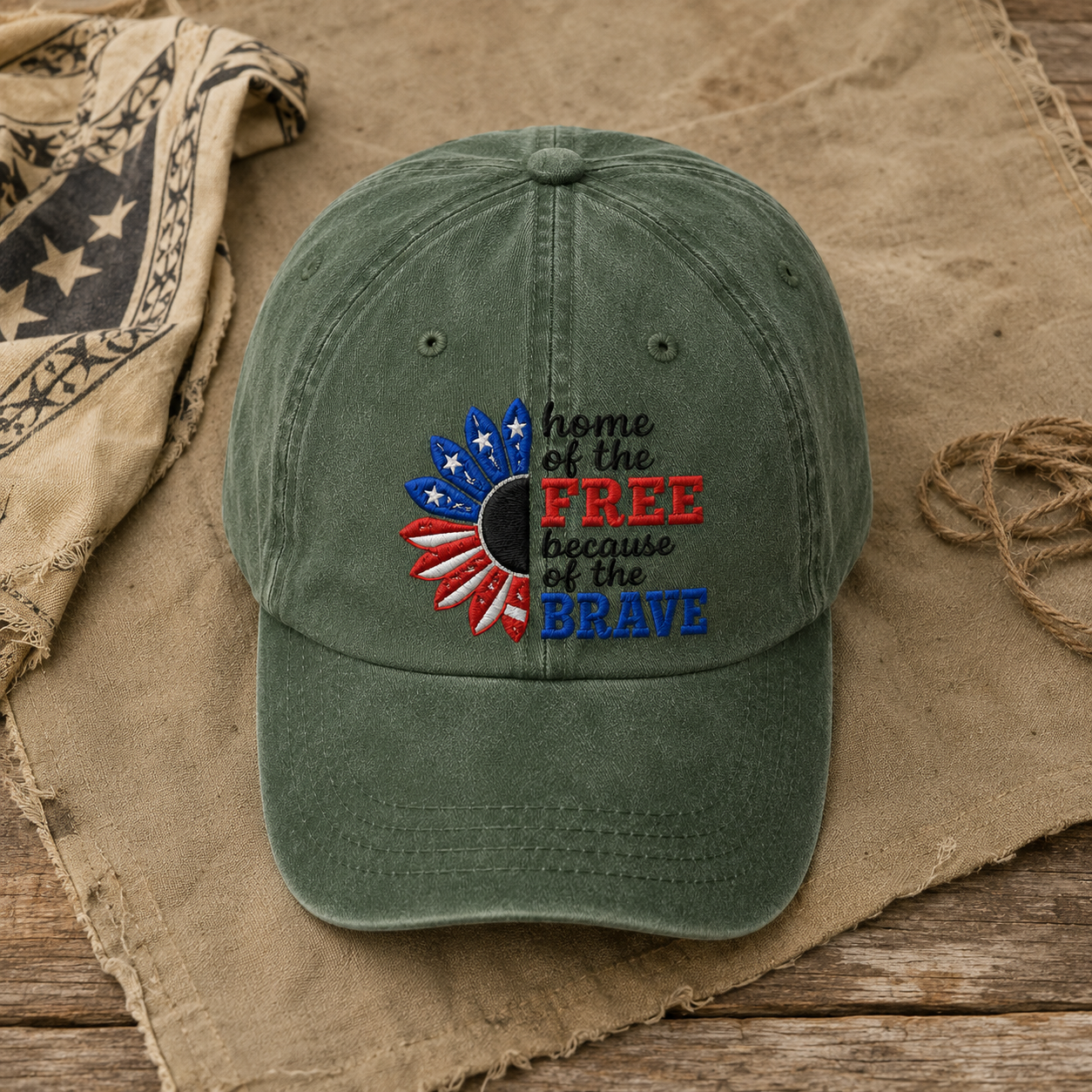 Home of the Free Because of the Brave Washed Cap, Patriotic Sunflower Military Gift - washed cap - lifestyle view 5