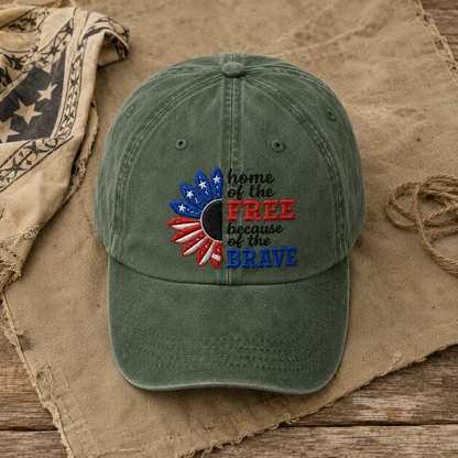 Home of the Free Because of the Brave Washed Cap, Patriotic Sunflower Military Gift - washed cap - lifestyle view 5