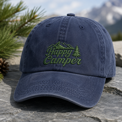 Happy Camper Washed Cap, Green Mountain Pine Embroidery Camping Hat - Washed Cap - detail view