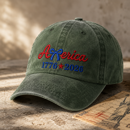 America 1776 2026 Bow Washed Cap, Patriotic Embroidered Hat for USA Birthday - washed cap - lifestyle view 5