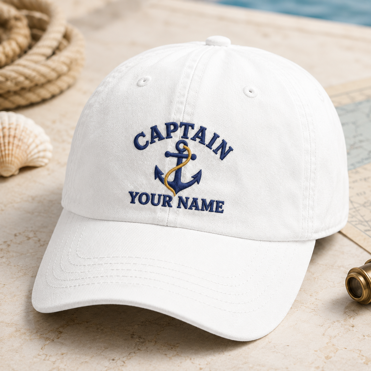 Captain Your Name Hat, Nautical Anchor Baseball Cap - Washed Cap - detail view