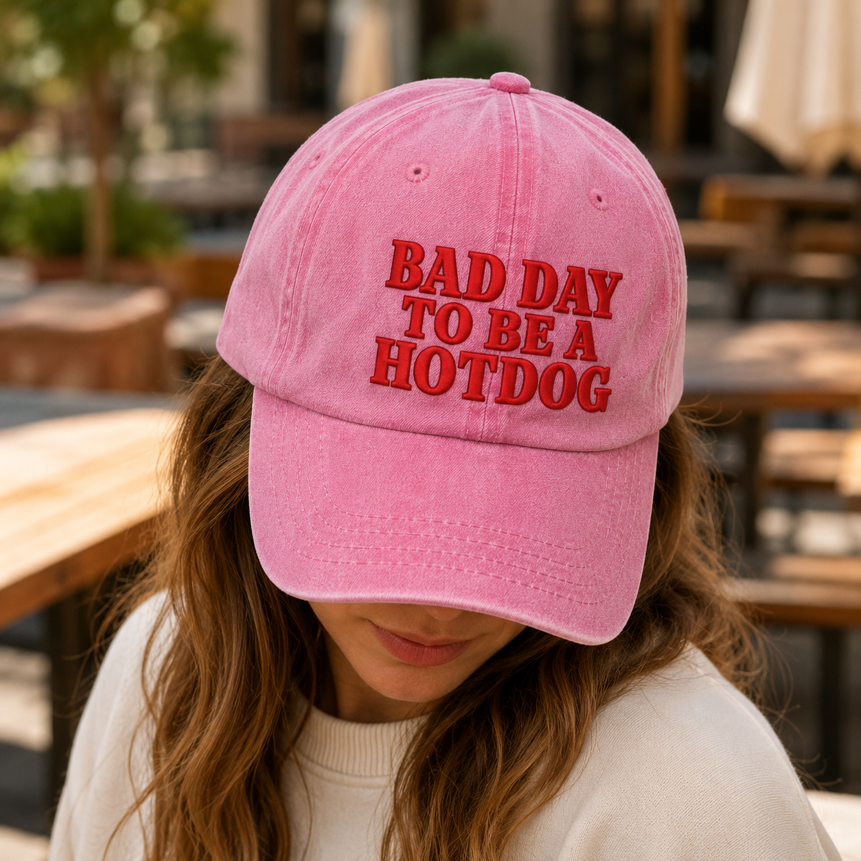 Bad Day to Be a Hotdog Washed Cap, Funny Hot Dog Quote Hat for Bbq Cookouts - washed cap - detail view