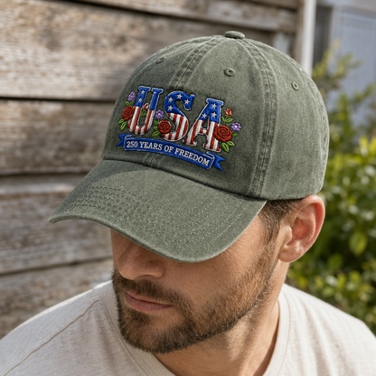USA 250 Years of Freedom Washed Cap, Patriotic Embroidered Hat - washed cap - lifestyle view 7