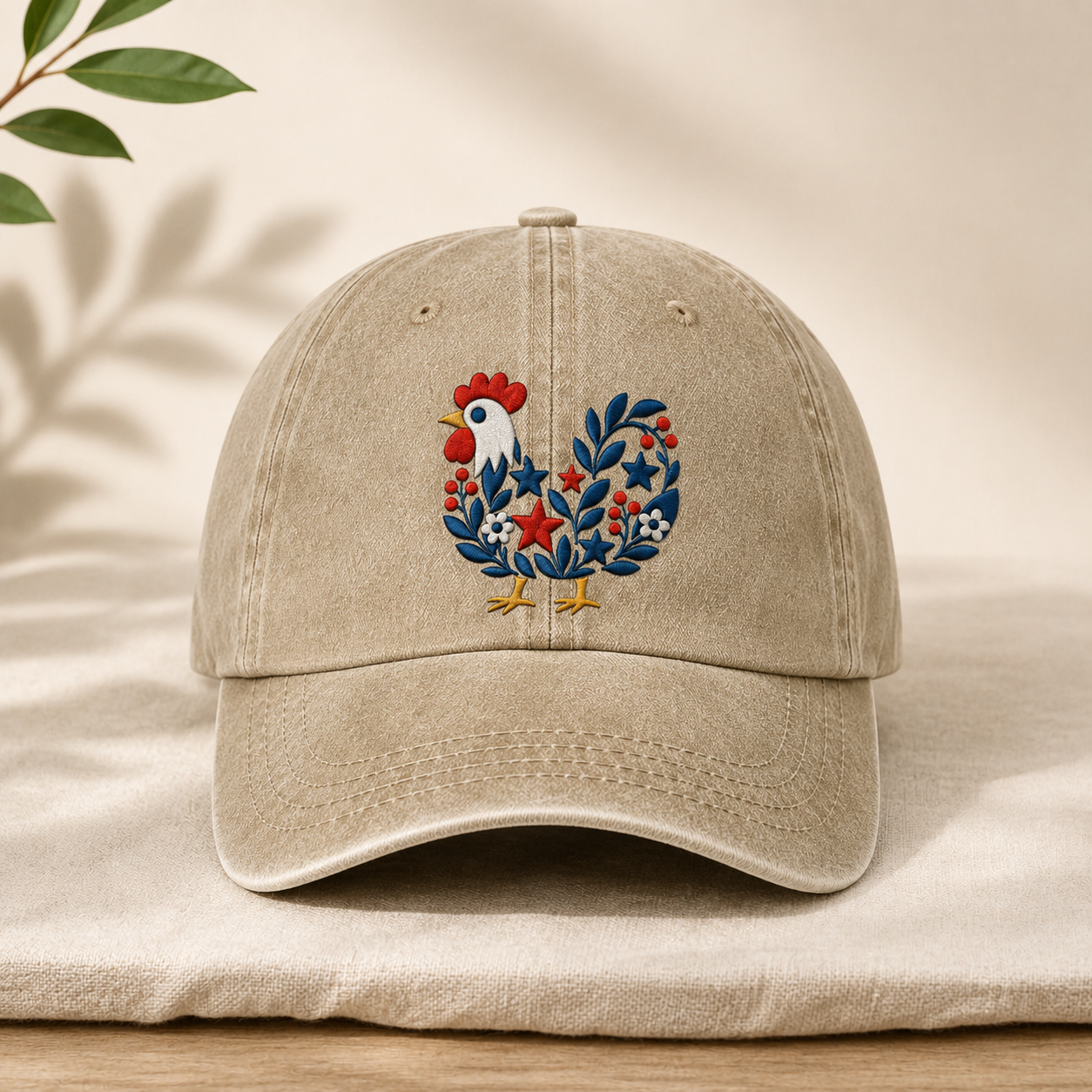 Folk Rooster Washed Cap, Embroidered Floral Chicken Baseball Hat - washed cap - front view