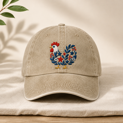 Folk Rooster Washed Cap, Embroidered Floral Chicken Baseball Hat - washed cap - front view