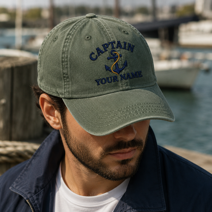 Captain Your Name Hat, Nautical Anchor Baseball Cap - Washed Cap - lifestyle view 3