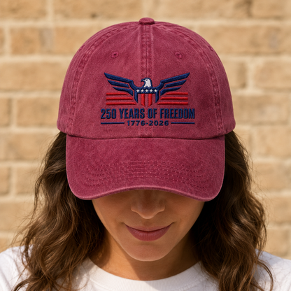 250 Years of Freedom Hat, Patriotic Eagle Washed Cap, 1776-2026 America Gift - washed cap - lifestyle view 6