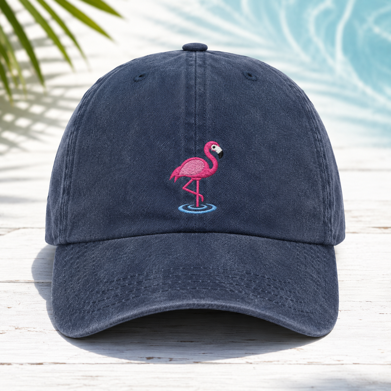 Pink Flamingo Embroidered Washed Cotton Cap, Summer Hat - Washed Cap - front view