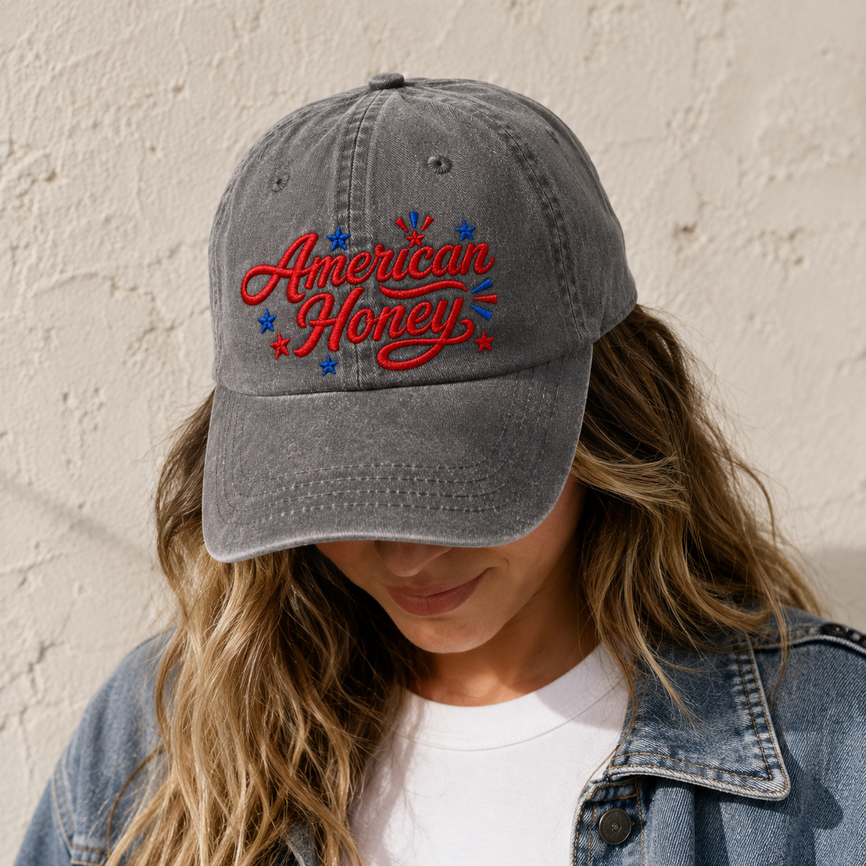 American Honey Washed Cap, Patriotic Embroidered Hat for 4th of July - washed cap - lifestyle view 6