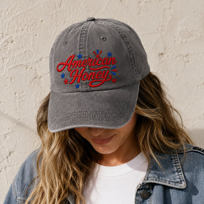 American Honey Washed Cap, Patriotic Embroidered Hat for 4th of July - washed cap - lifestyle view 6