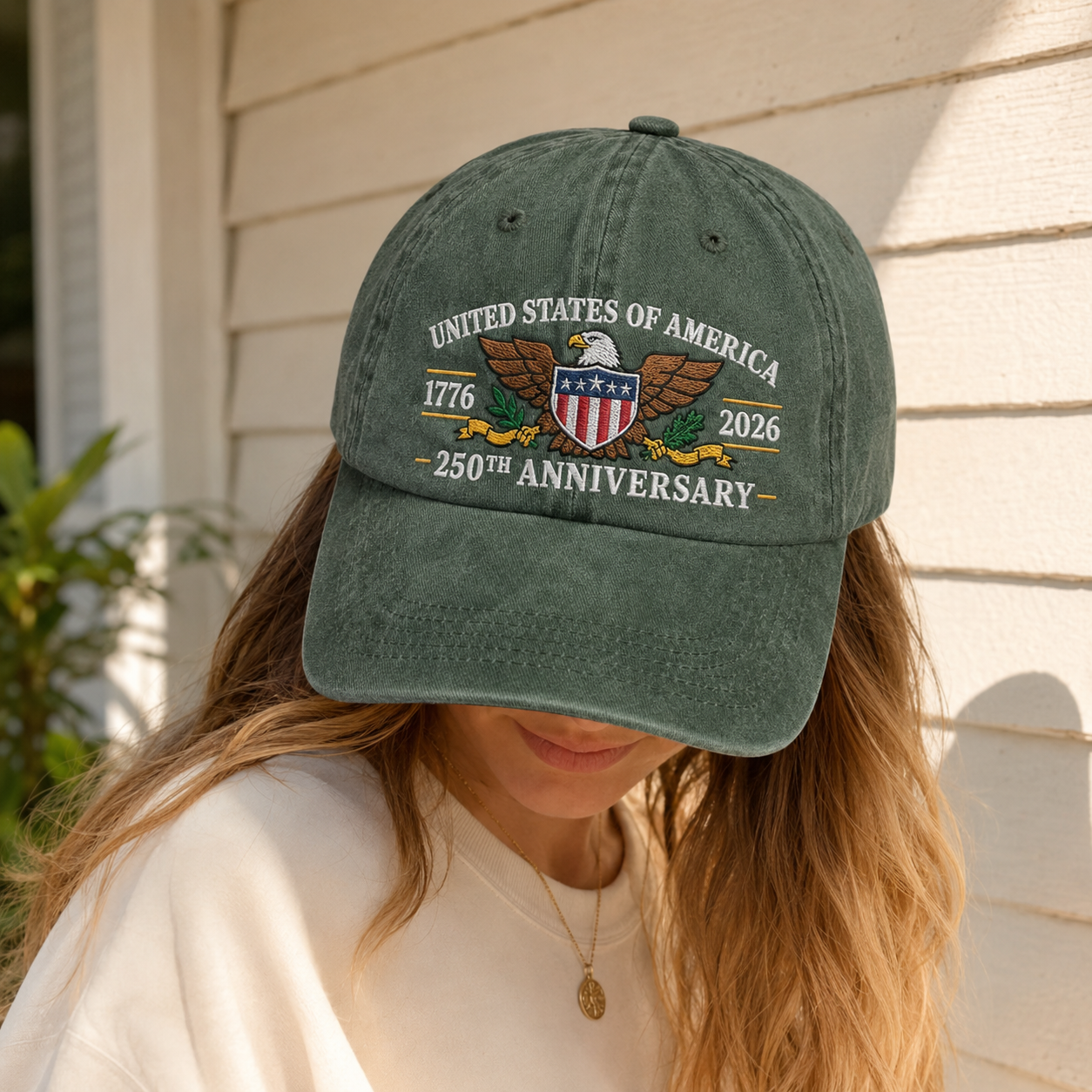 United States of America 250th Anniversary Washed Cap, 1776 2026 Patriotic Eagle Hat - washed cap - lifestyle view 6