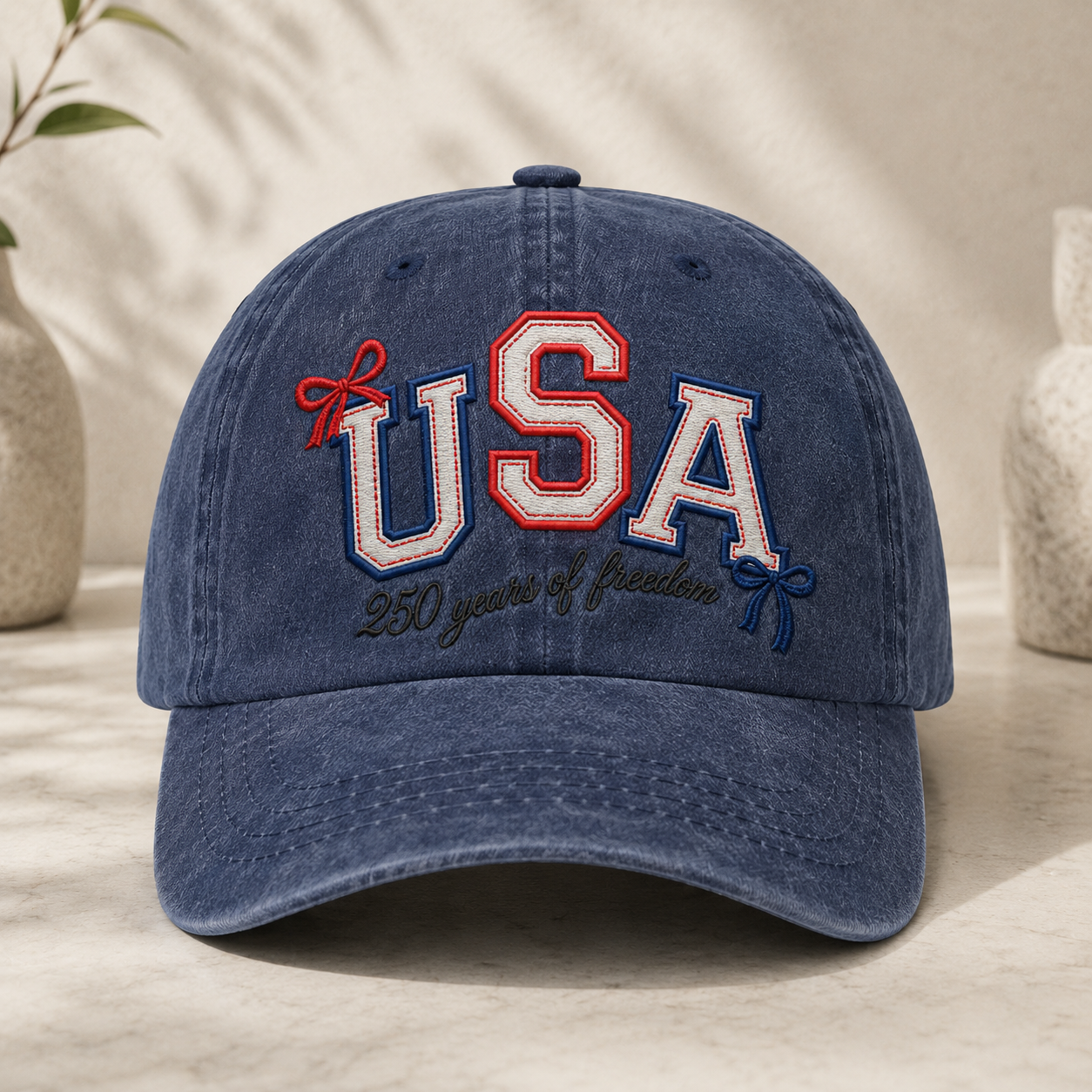 USA 250 Years of Freedom Washed Cap, Patriotic Embroidered Baseball Hat - washed cap - front view
