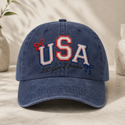 USA 250 Years of Freedom Washed Cap, Patriotic Embroidered Baseball Hat - washed cap - front view