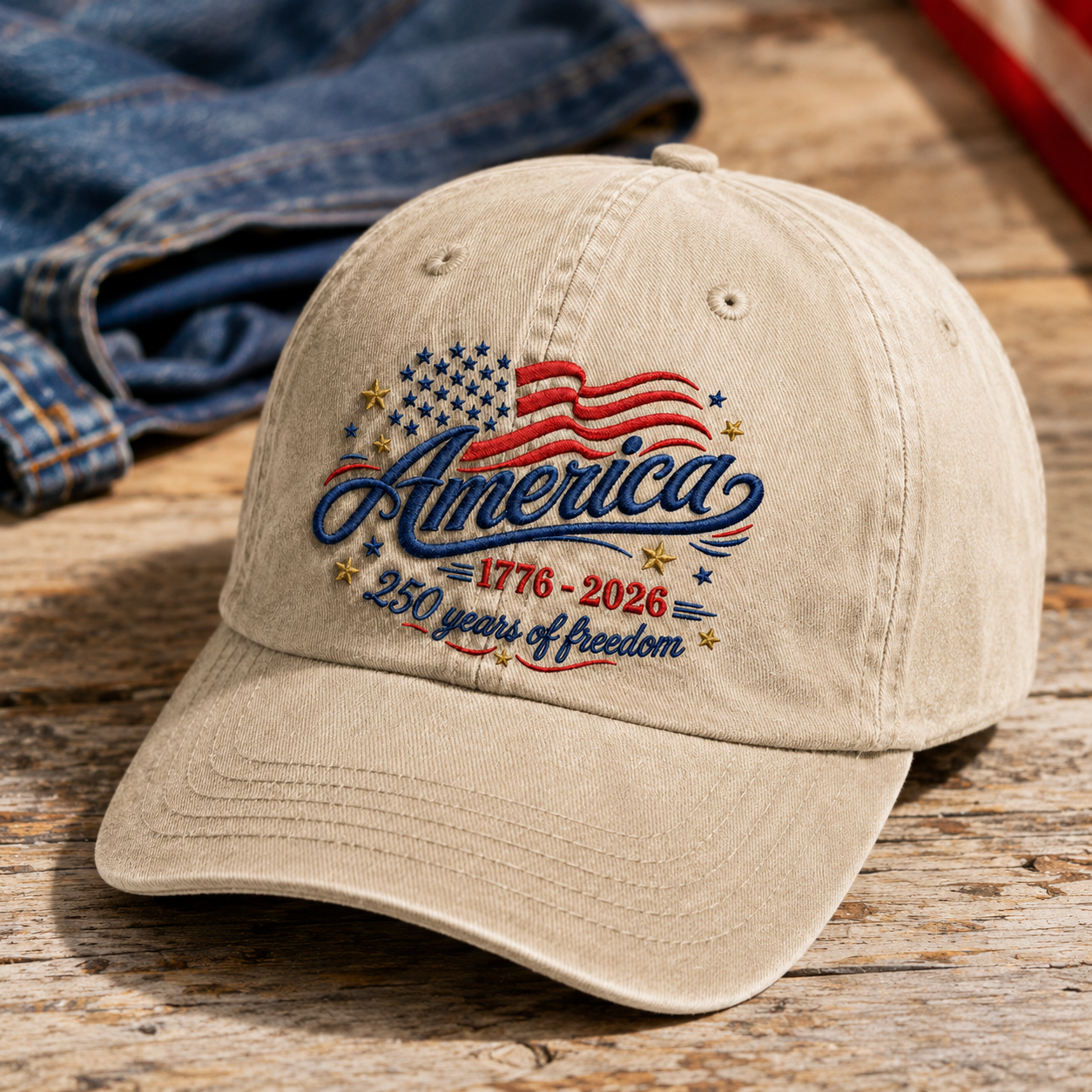 America 1776-2026 250 Years of Freedom Washed Cap, Patriotic USA Anniversary Hat - washed cap - lifestyle view 2