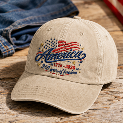America 1776-2026 250 Years of Freedom Washed Cap, Patriotic USA Anniversary Hat - washed cap - lifestyle view 2