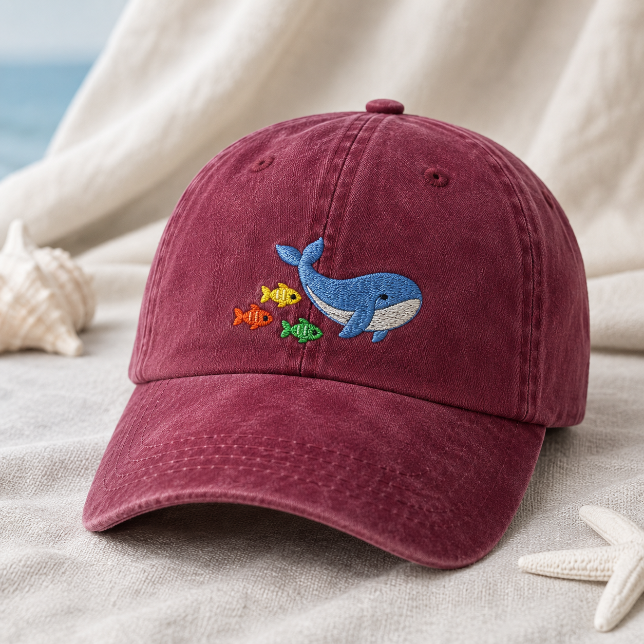 Whale and Fish Embroidered Washed Cap, Ocean Animal Dad Hat - Washed Cap - lifestyle view 2