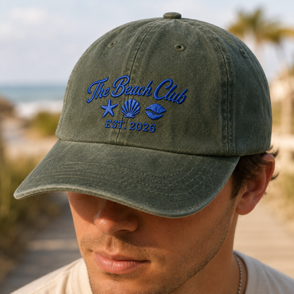 The Beach Club Washed Cap, Embroidered Coastal Hat with Est 2026 Seashell Art - Washed Cap - lifestyle view 3