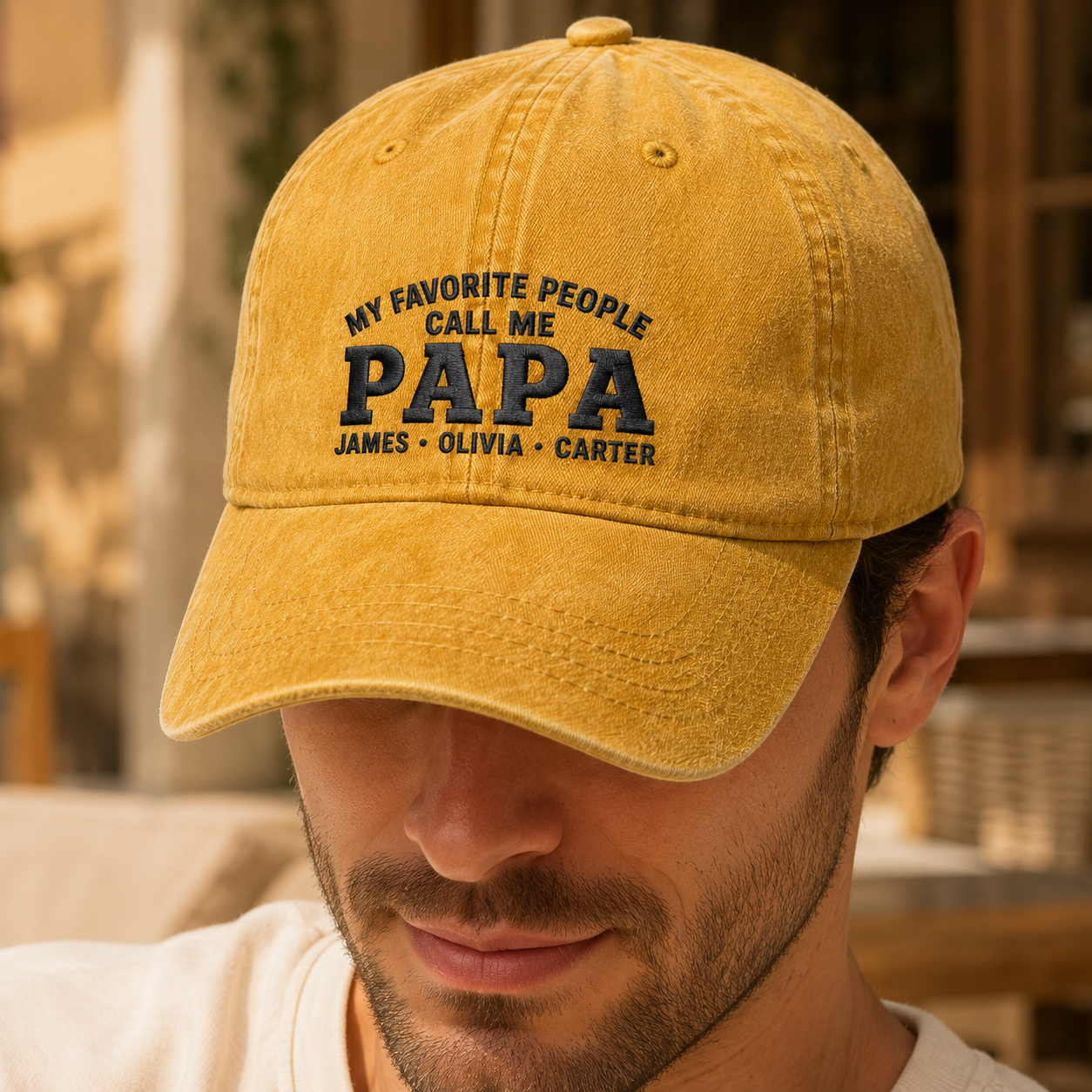 My Favorite People Call Me Papa Washed Cap, Personalized Grandpa Hat with Grandkids Names - Washed Cap - lifestyle view 7