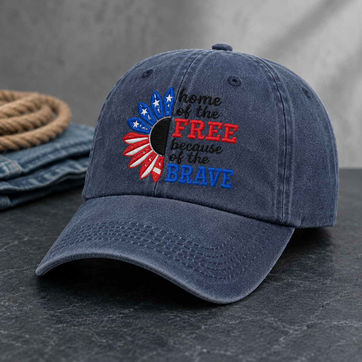 Home of the Free Because of the Brave Washed Cap, Patriotic Sunflower Military Gift - washed cap - lifestyle view 2
