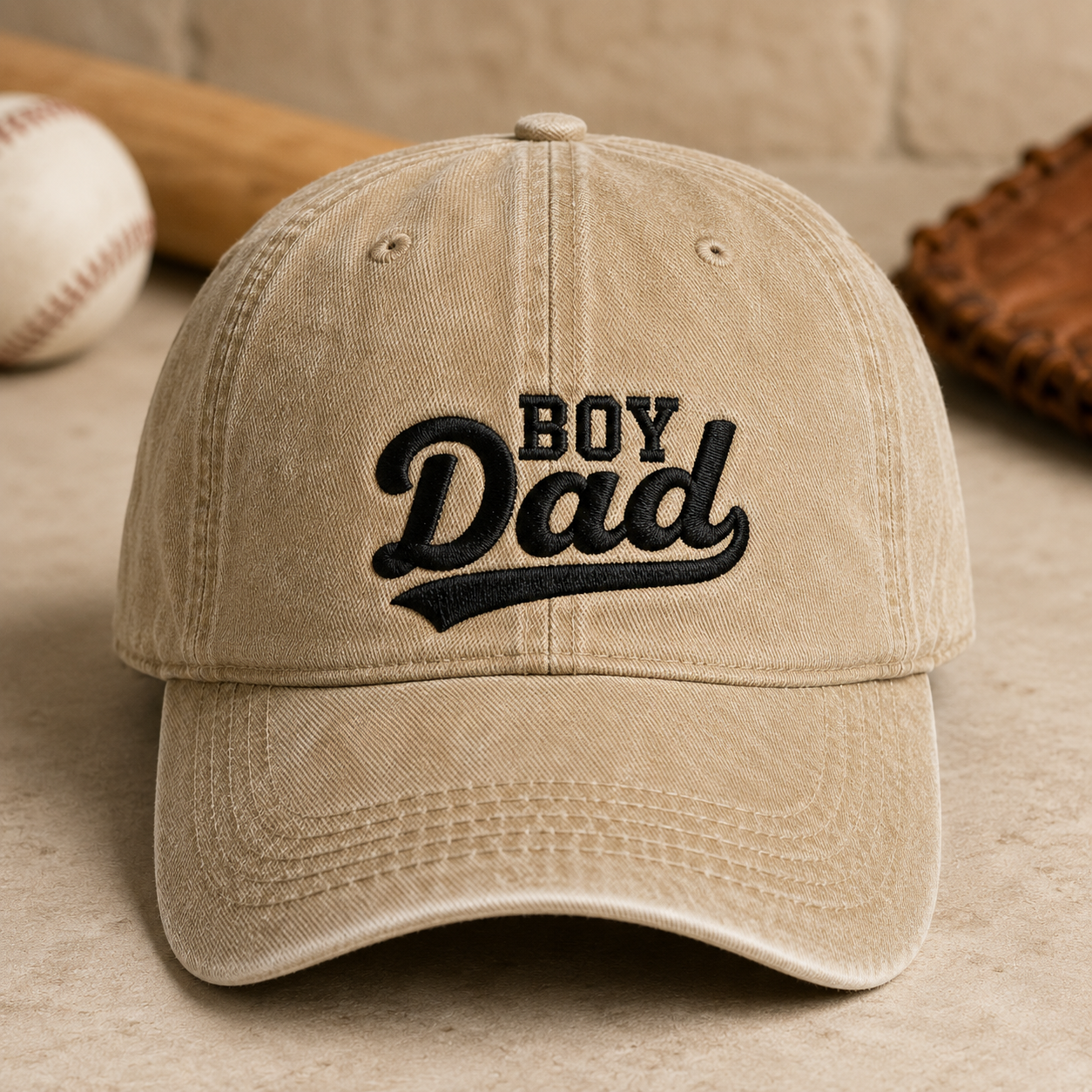 Boy Dad Washed Cap, Embroidered Baseball Hat for Fathers - Washed Cap - front view