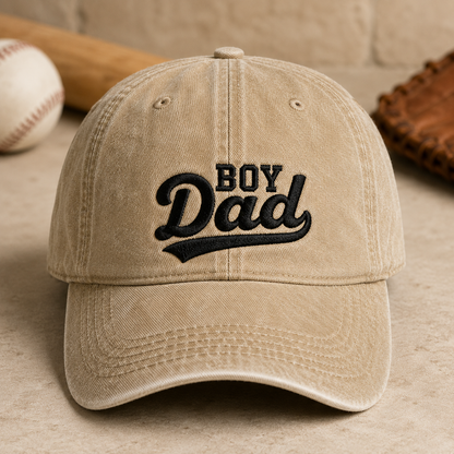 Boy Dad Washed Cap, Embroidered Baseball Hat for Fathers - Washed Cap - front view