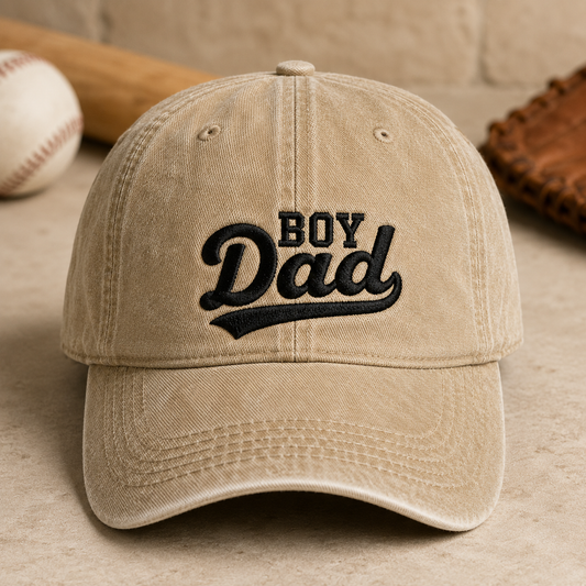Boy Dad Washed Cap, Embroidered Baseball Hat for Fathers - Washed Cap - front view