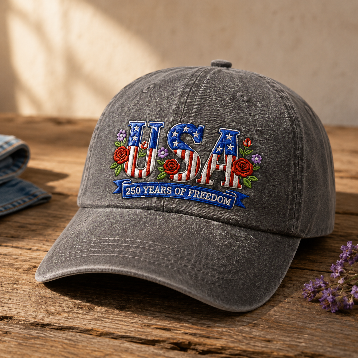 USA 250 Years of Freedom Washed Cap, Patriotic Embroidered Hat - washed cap - lifestyle view 5