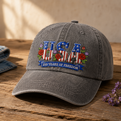 USA 250 Years of Freedom Washed Cap, Patriotic Embroidered Hat - washed cap - lifestyle view 5