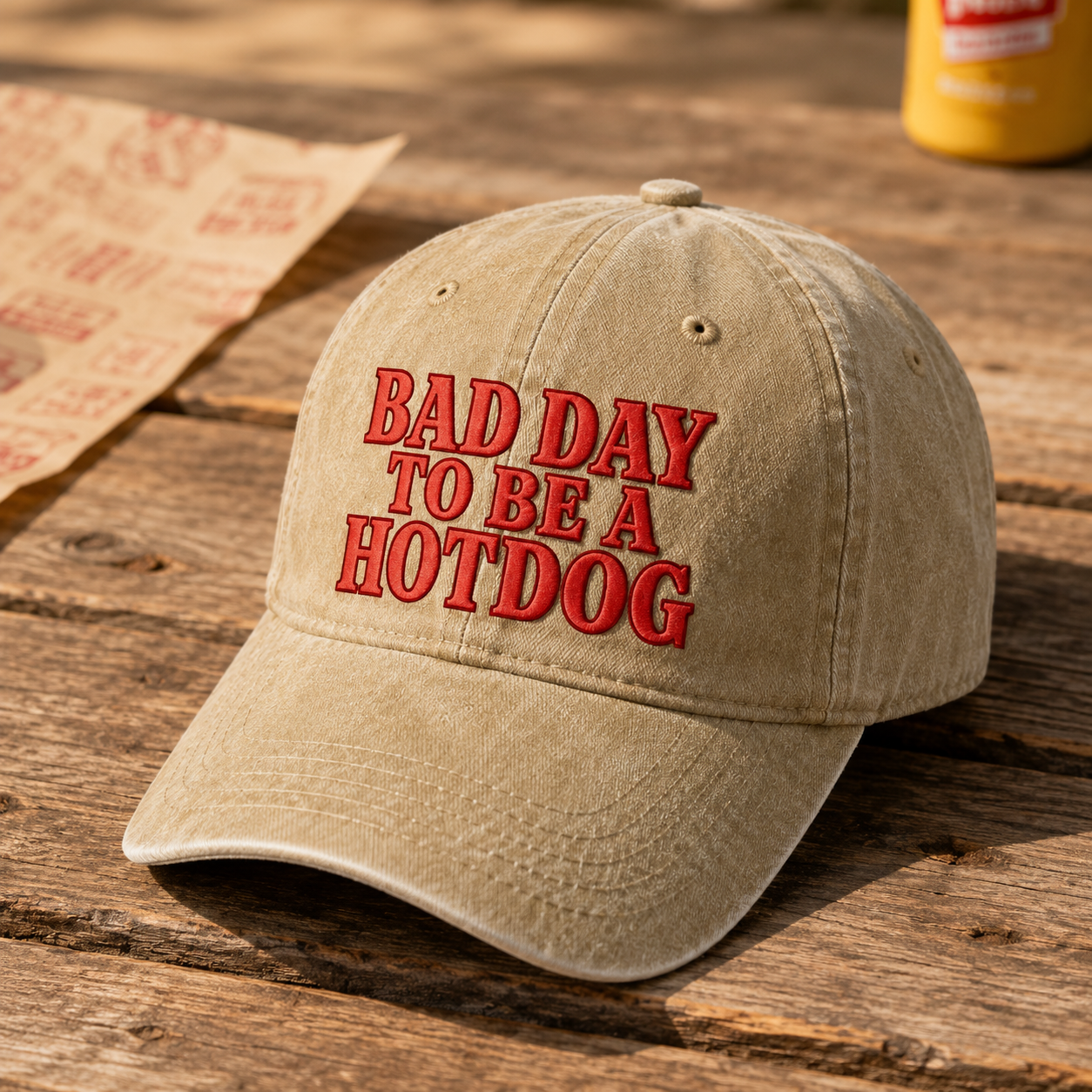Bad Day to Be a Hotdog Washed Cap, Funny Hot Dog Quote Hat for Bbq Cookouts - washed cap - lifestyle view 2