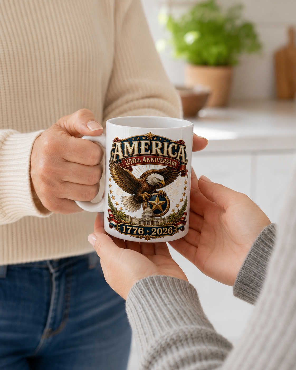 America 250th Anniversary Coffee Mug, Patriotic Eagle 1776 2026 Ceramic Cup - Mug - lifestyle view 6