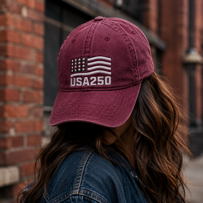 USA250 Patriotic Flag Washed Cap, 250th America Birthday Hat - washed cap - lifestyle view 6