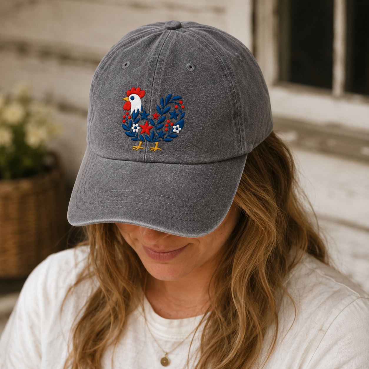 Folk Rooster Washed Cap, Embroidered Floral Chicken Baseball Hat - washed cap - lifestyle view 6