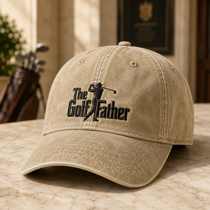 The Golf Father Washed Cap, Funny Golfer Dad Gift, Embroidered Hat for Course Days - Washed Cap - detail view