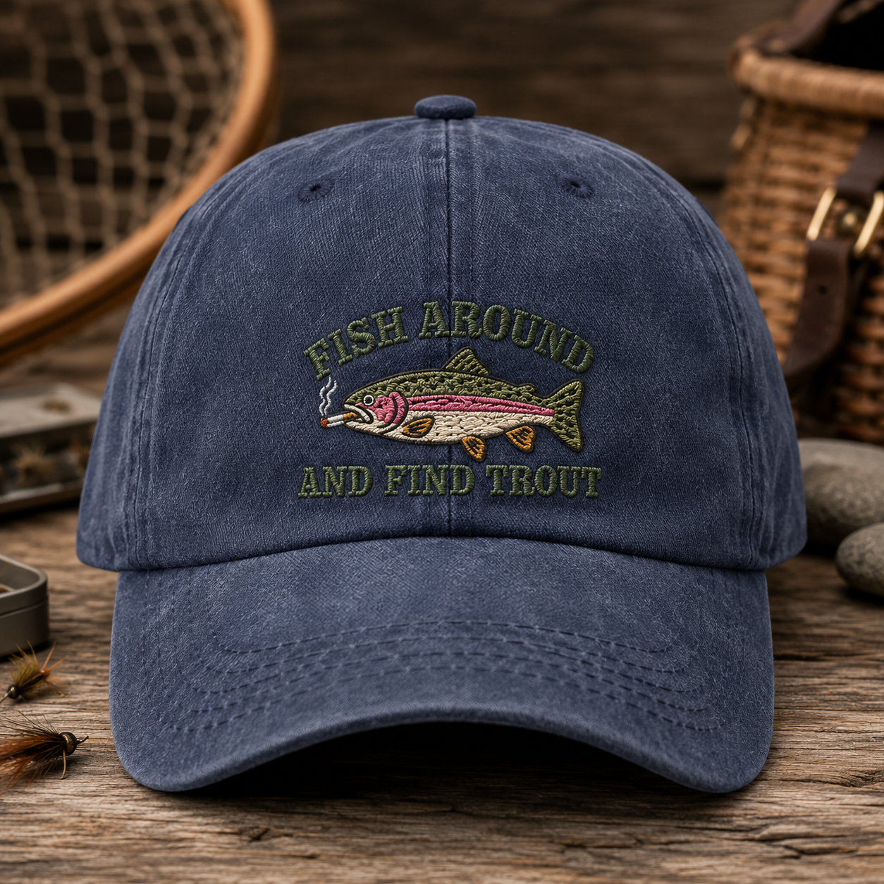 Fish Around And Find Trout Washed Cap, Funny Fishing Hat for Anglers - Washed Cap - front view