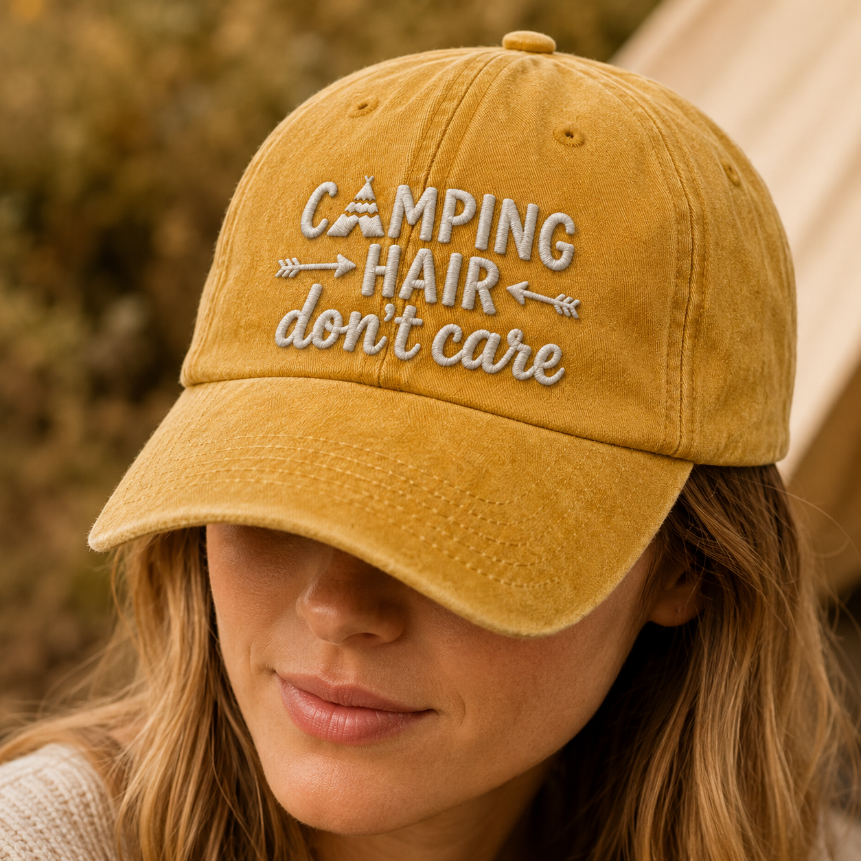 Camping Hair Don't Care Washed Cap, Funny Camp Hat for Outdoor Women - Washed Cap - lifestyle view 4