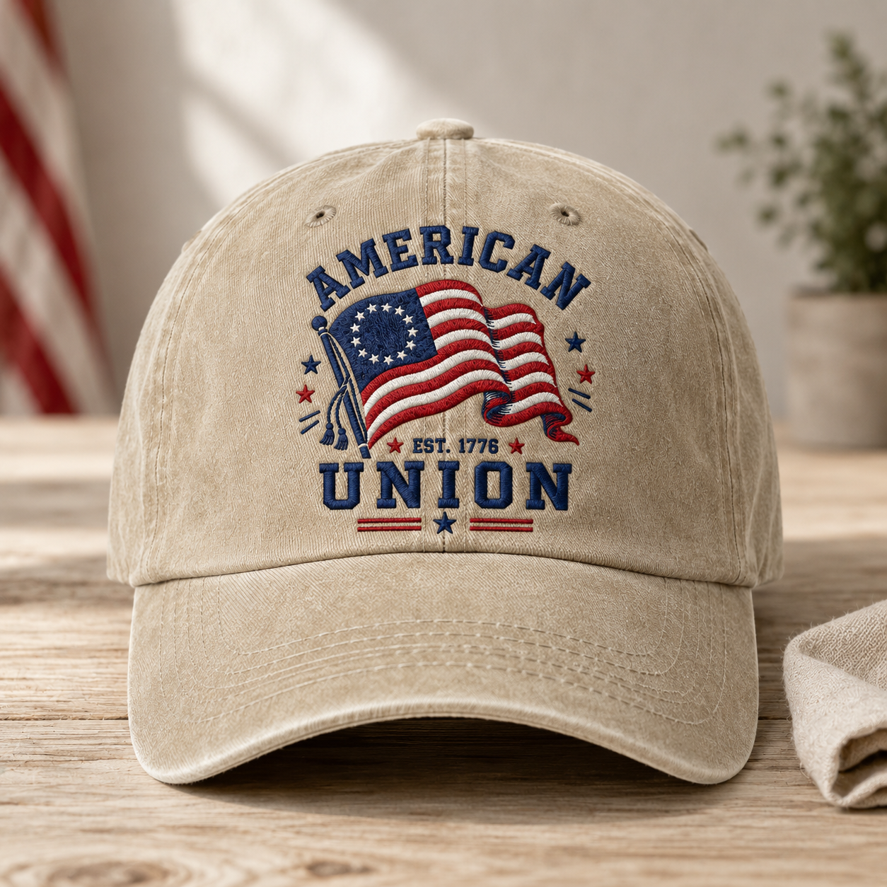 American Union Washed Cap, Est. 1776 Flag Design, Patriotic Embroidered Dad Hat - washed cap - front view