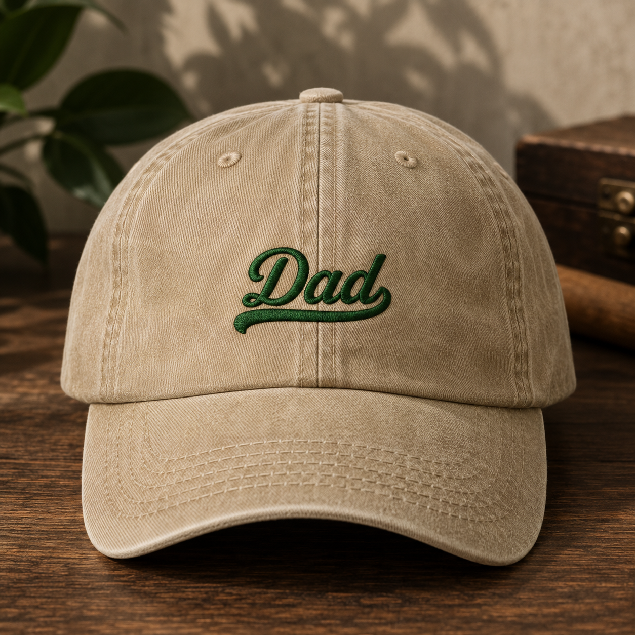 Dad Embroidered Washed Cap, Green Script Father's Day Hat - Washed Cap - front view