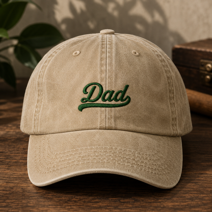 Dad Embroidered Washed Cap, Green Script Father's Day Hat - Washed Cap - front view