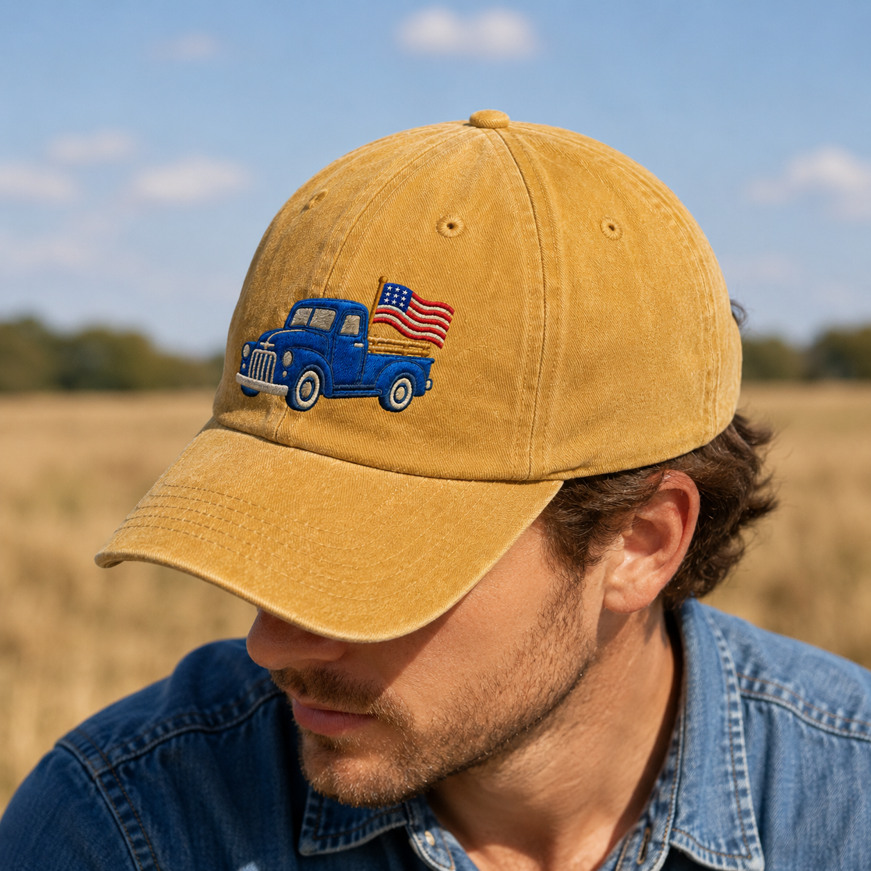 Blue Pickup Truck American Flag Washed Cap, Rustic July Fourth Dad Gift - washed cap - lifestyle view 7