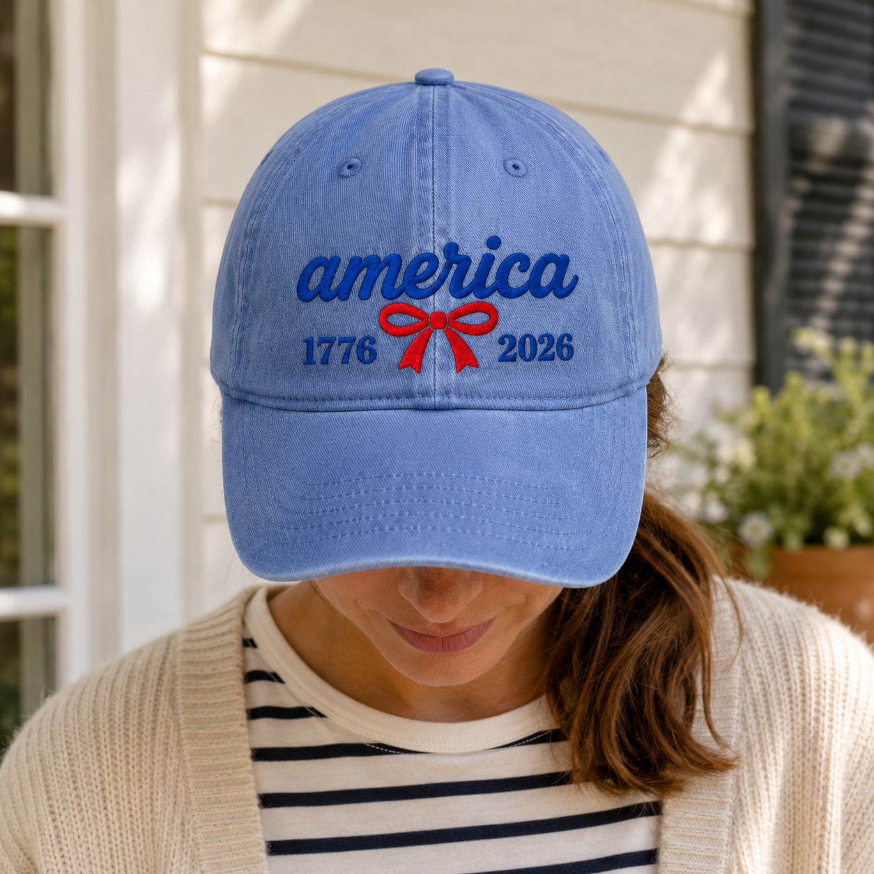 America 1776 2026 Washed Cap, Red Bow Patriotic Dad Hat for 250th Birthday - washed cap - lifestyle view 9