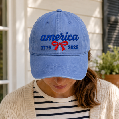 America 1776 2026 Washed Cap, Red Bow Patriotic Dad Hat for 250th Birthday - washed cap - lifestyle view 9