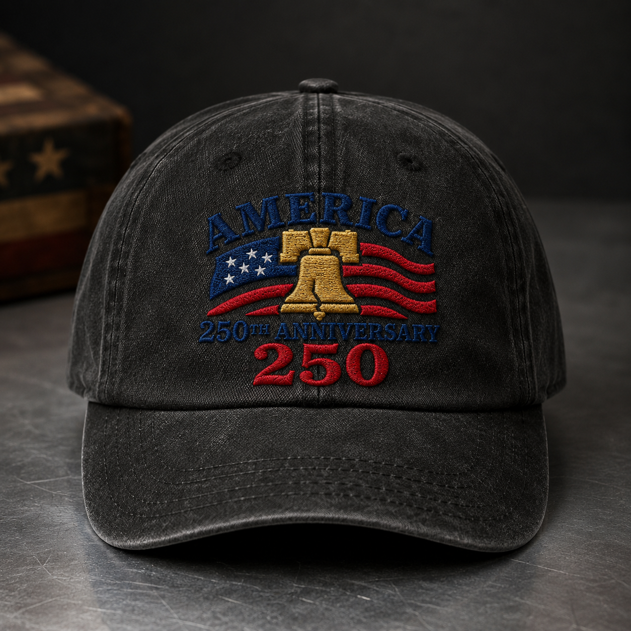 America 250th Anniversary Washed Cap, Patriotic Liberty Bell USA Flag Hat - washed cap - lifestyle view 3