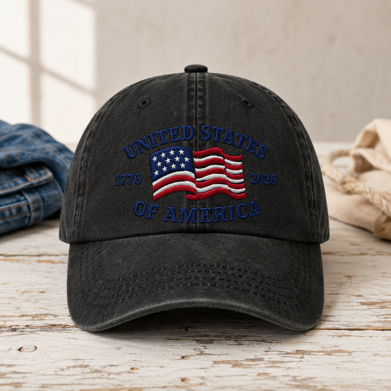 United States of America 1776 2026 Washed Cap, Patriotic Flag Hat for USA 250th Birthday - washed cap - front view