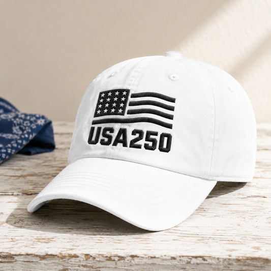 USA250 Patriotic Flag Washed Cap, 250th America Birthday Hat - washed cap - detail view