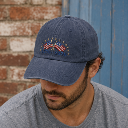1776-2026 American Flag Washed Cap, 250th Anniversary Patriotic Hat - washed cap - detail view