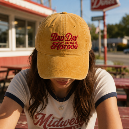 Bad Day To Be A Hotdog Washed Cap, Funny Diner Hat - washed cap - detail view