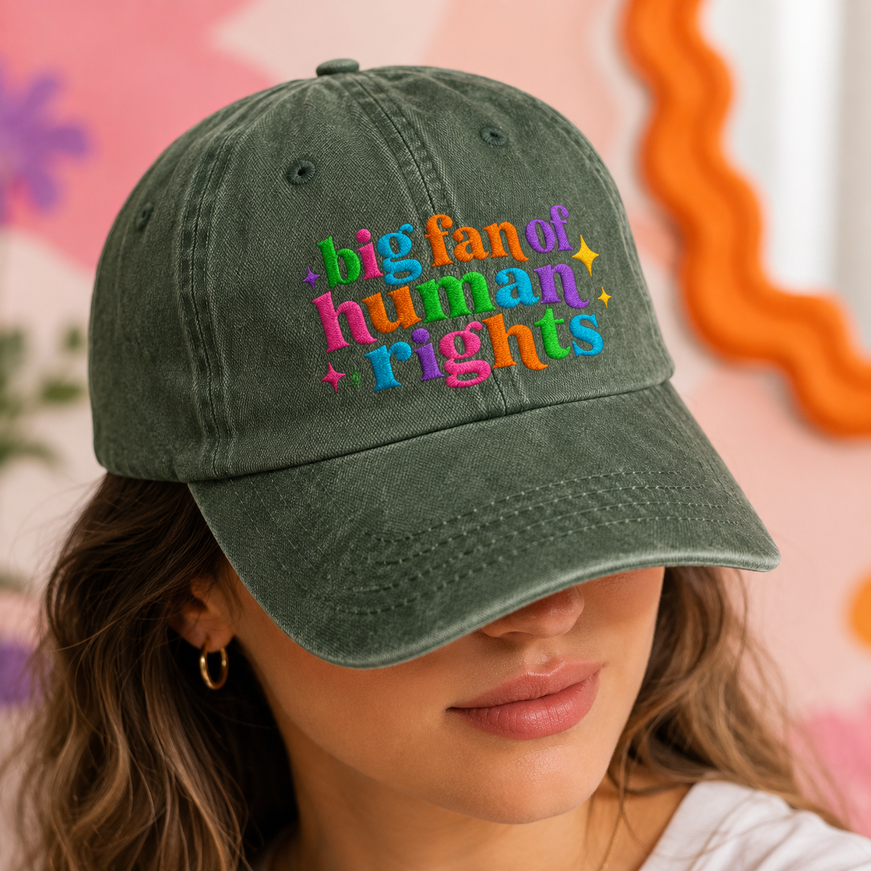 Big Fan of Human Rights Washed Cap, Colorful Embroidered Activist Hat - Washed Cap - lifestyle view 4