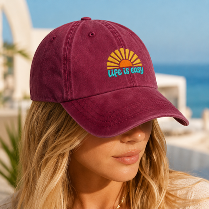 Life Is Easy Retro Sunrise Washed Cap, Beach Vacation Hat - Washed Cap - lifestyle view 3