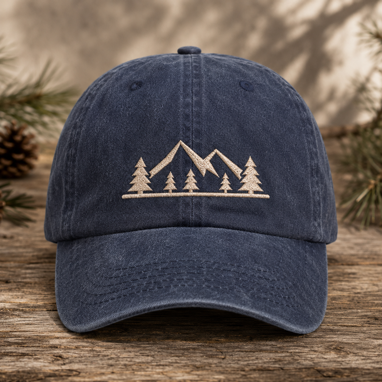 Mountain Pine Washed Cap, Embroidered Outdoor Hat for Hikers and Campers - Washed Cap - detail view